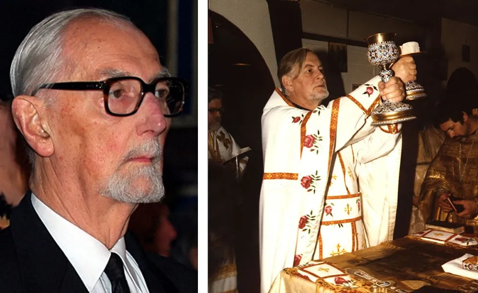 Les jumeaux Schmemann : Andreï dans la cathédrale Saint-Alexandre-Nevski de Paris (2005 ; photo : Maxim Massalitin, CC BY-SA 3.0) et le père Alexandre à la liturgie (1982 ; domaine public). Wikimedia Commons.