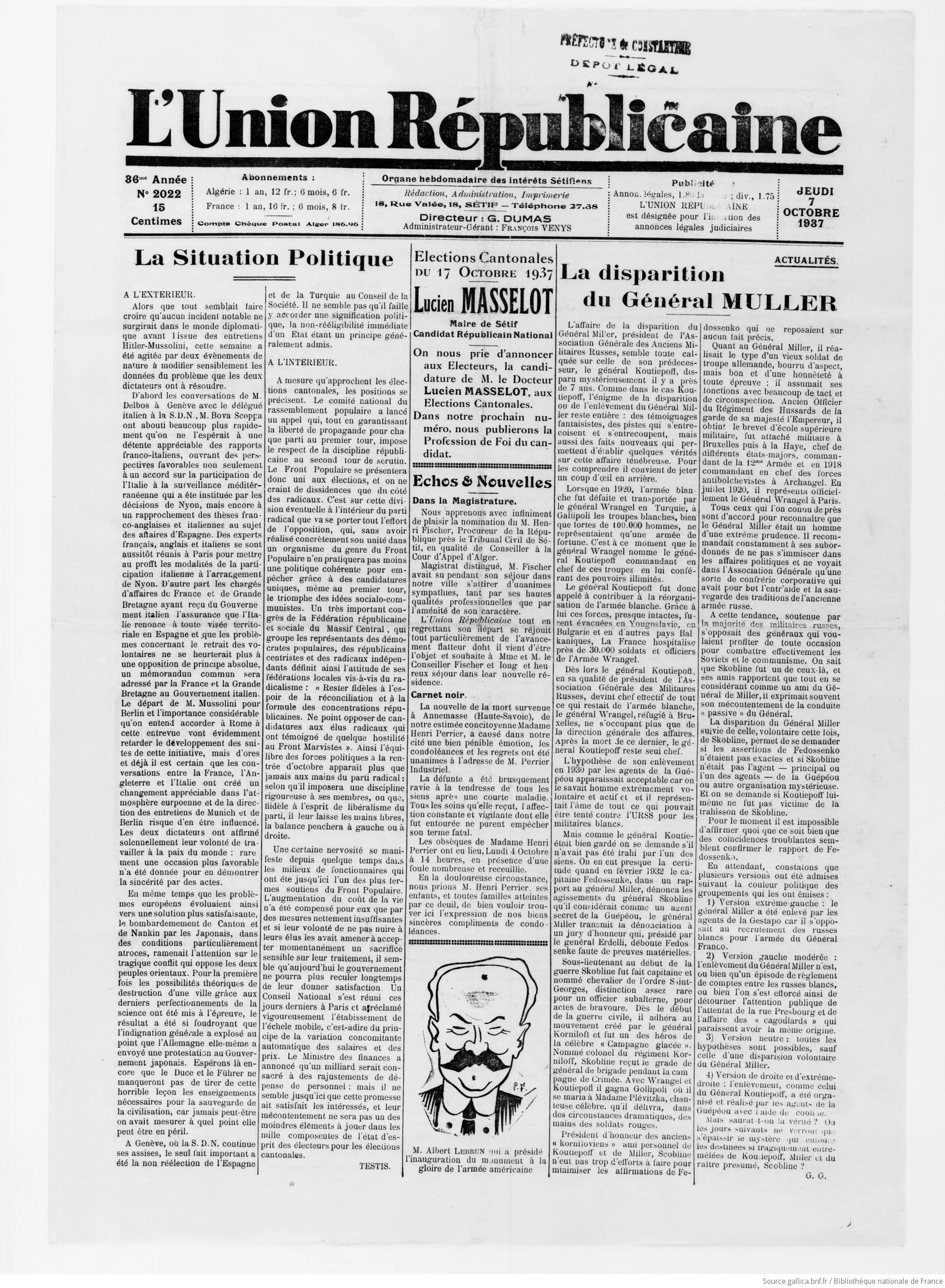 L&rsquo;affaire atteint la province algérienne : l&rsquo;hebdomadaire de Sétif L&rsquo;Union Républicaine (7 octobre 1937) passe en revue quatre versions de la disparition — en écorchant le nom du général dans son titre (« MULLER »). Source : BnF / Gallica. Domaine public.