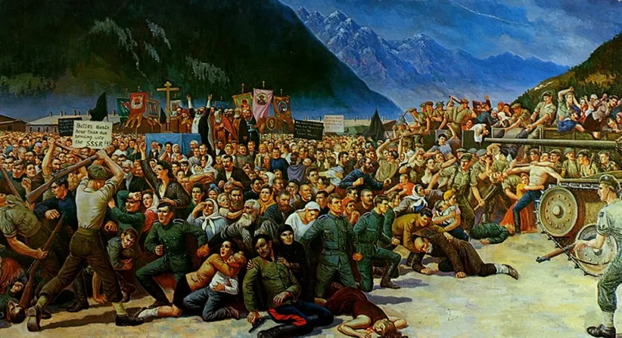 Sergueï Korolkov. « La livraison des Cosaques à Lienz ». Toile de la période américaine, années 1950. Source : vitruvianus-9.livejournal.com.