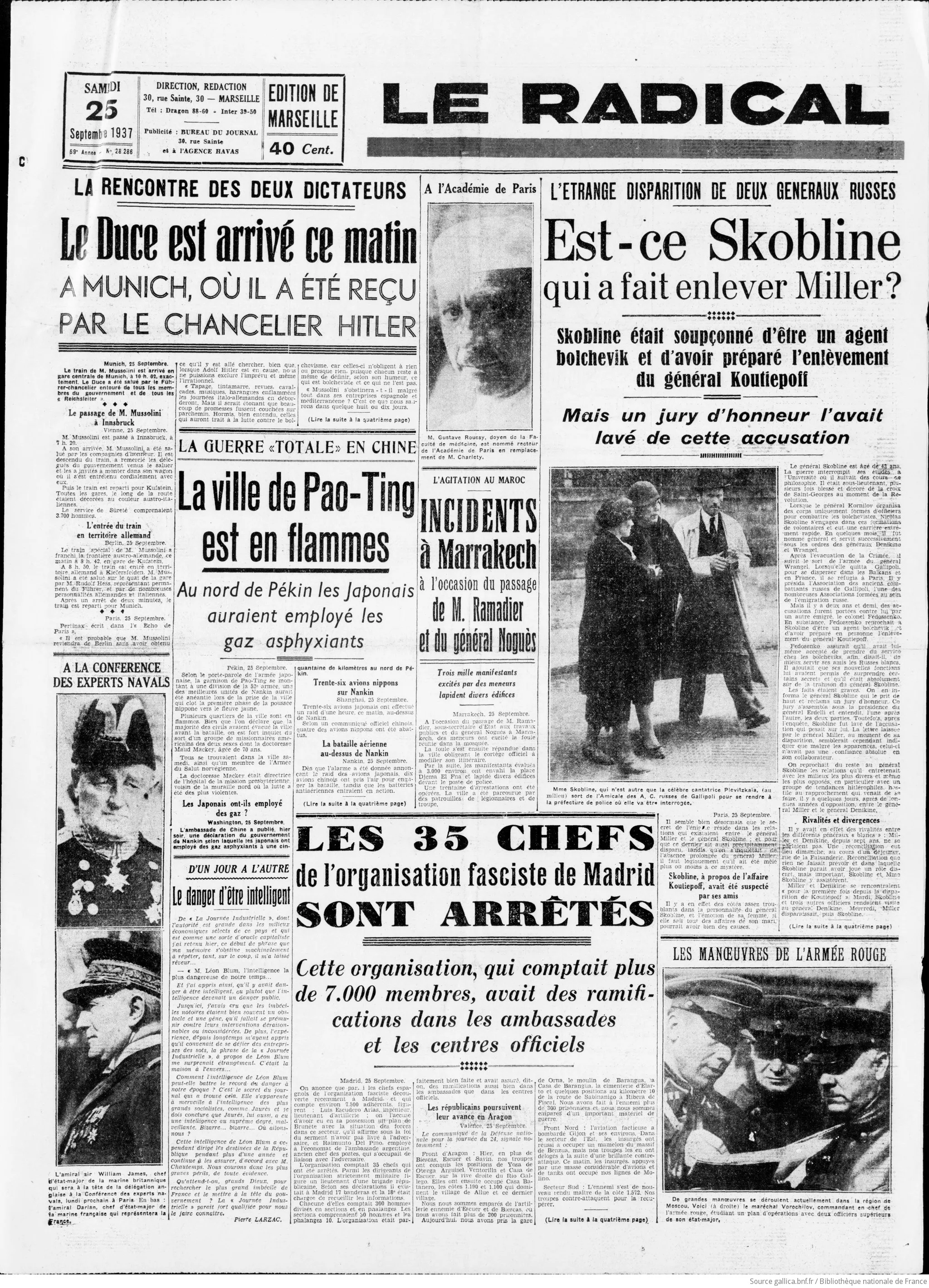 « Est-ce Skobline qui a fait enlever Miller ? » — la une du Radical de Marseille, 25 septembre 1937. Sur la photo, « Mme Skobline » — la chanteuse Plevitskaïa — en route vers la préfecture de police. Source : BnF / Gallica. Domaine public.