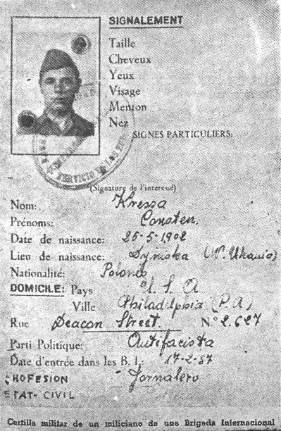 Carte de combattant des Brigades internationales, 1938. Le recrutement des volontaires pour l&rsquo;Espagne passait par le bureau de la rue de Buci. (Wikimedia Commons, domaine public.)