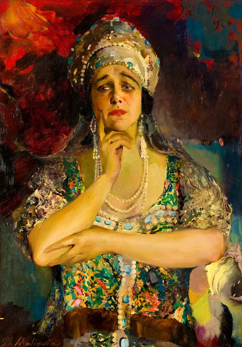 Portrait de Plevitskaïa par Philippe Maliavine, 1924. La première dame du Paris russe posait pour les meilleurs peintres de l&rsquo;émigration. Source : Wikimedia Commons. Domaine public.