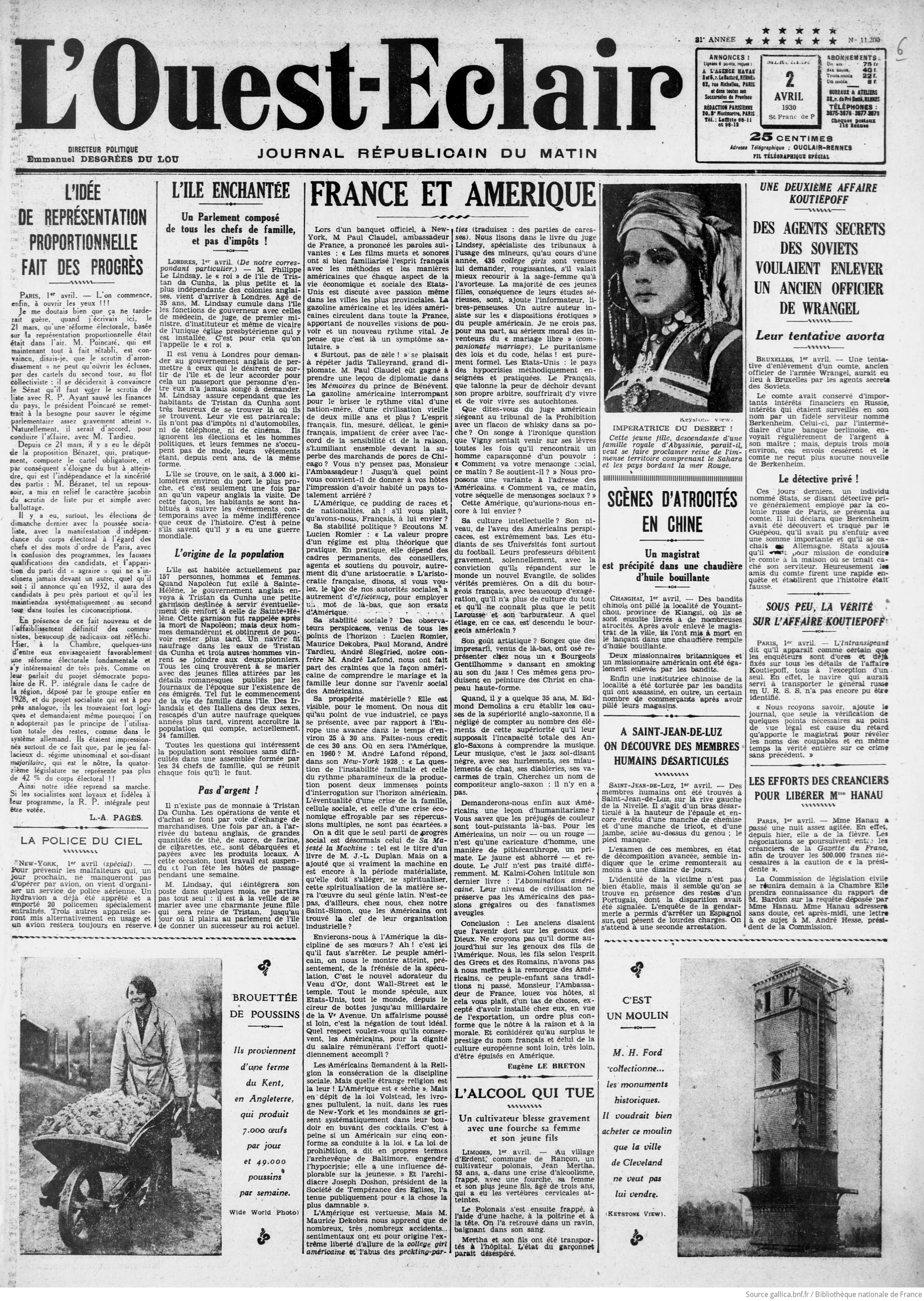 La une de L&rsquo;Ouest-Éclair du 2 avril 1930 : deux mois après l&rsquo;enlèvement — une « deuxième affaire Koutiepoff » (tentative d&rsquo;enlèvement d&rsquo;un ancien officier de Wrangel à Bruxelles) et l&rsquo;annonce « Sous peu, la vérité sur l&rsquo;affaire Koutiepoff ». Source : BnF / Gallica. Domaine public.
